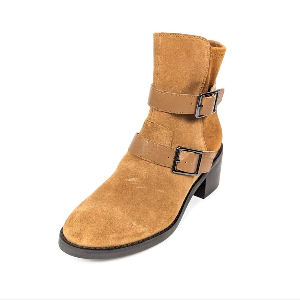 Donald Pliner Darby Booties 6 Tan Suede Buckle Ankle Western NWOT